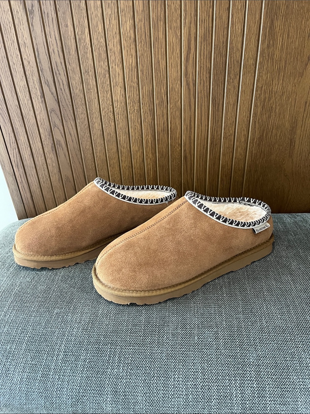 BearPaw Tan Suede Shearling-Lined Slip-On Slippers